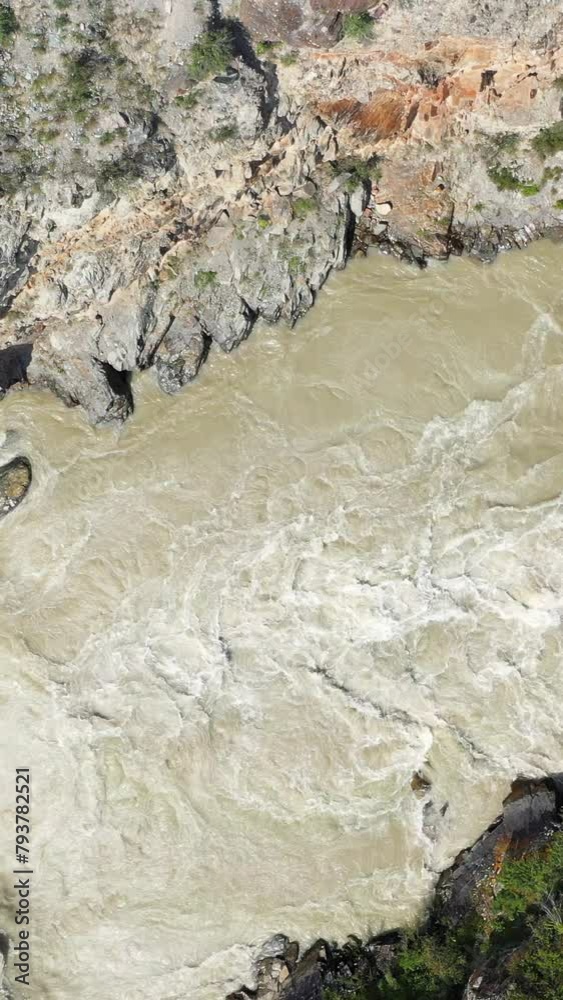 Vertical aerial video view from drone on Altai river Chuya. Camera looks down. Altai. Vertical aerial video view from drone on Altai river Chuya. Camera looks down. Altai.
