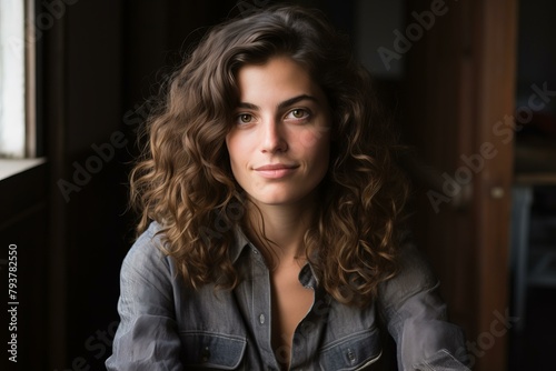 b'Portrait of a young woman with long brown hair and brown eyes'