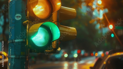 Close-up of a traffic light switching from green to yellow, signaling drivers to slow down and prepare to stop. photo