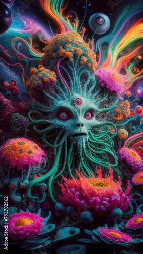 A psychedelic illustration of an extraterrestrial being with tentacles and multiple eyes emerges from a vibrant alien landscape  where colorful flora blooms against a cosmic backdrop