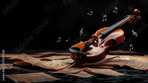 a violin with bow and several falling pages of sheet music on a black background, in a clipart style photo