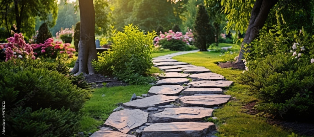 Stone path in garden surrounded by trees