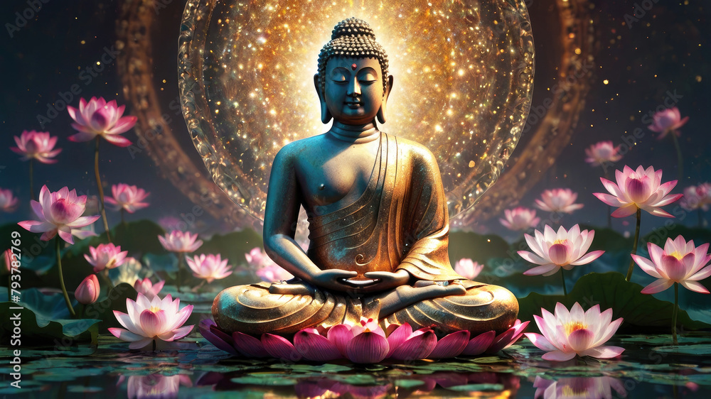 Day of Vesak that Buddha was born. meditating Buddha surrounded by