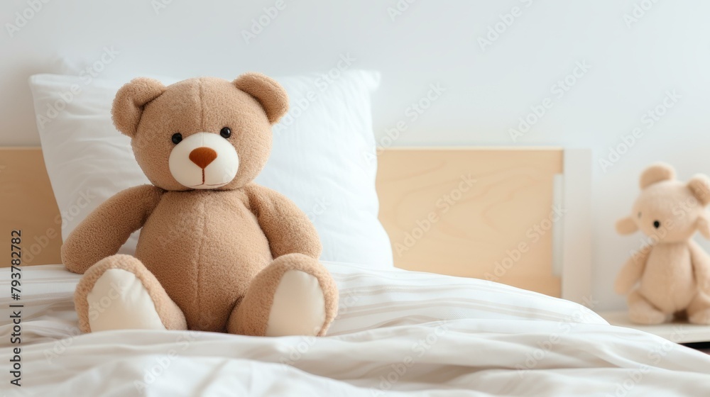b'A cute teddy bear sitting on a bed with a white blanket'