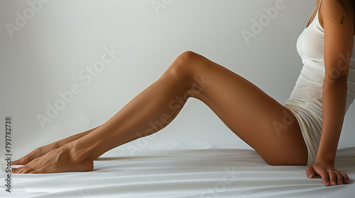 Healthy beautiful Legs. Women health and intimate hygiene. Beautiful Woman's body with smooth soft skin. Long woman legs on white room backdrop. Skincare. Depilation. Epilation. Female health Care.