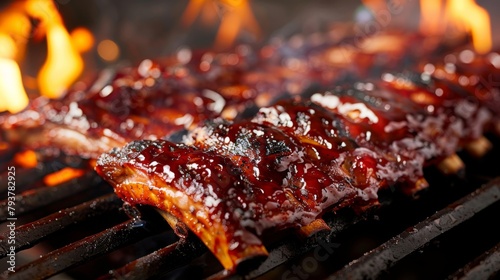 Close-up of barbecue pork ribs sizzling on a hot grill, emitting mouthwatering aromas.