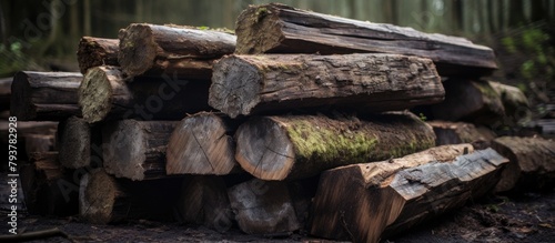 Logs stacked in forest photo