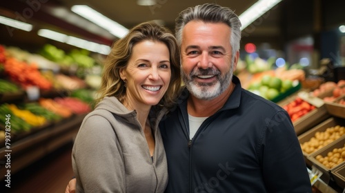 b'Happy couple grocery shopping together'