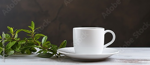 White cup, saucer, table, plant
