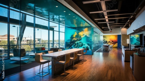 b'Modern office interior with large windows, a conference table, and a colorful mural on the wall' photo