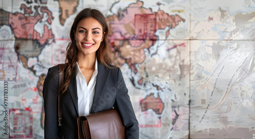 Business woman with a briefcase stands in front of a Schengen visa stamp photo