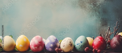 Colored eggs lined up next to branches