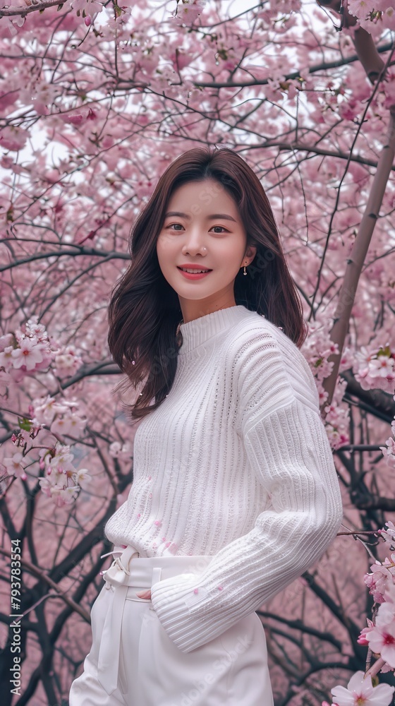 Portrait of a young Asian woman standing in a cherry blossom garden Portrait of a young Asian woman standing in a cherry blossom garden