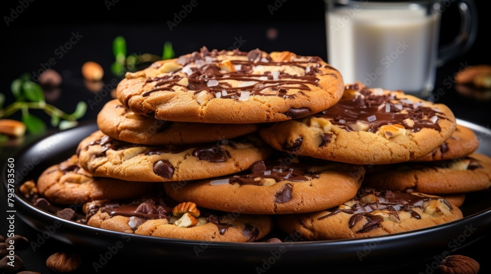 b'A stack of chocolate chip cookies on a black plate with milk in the background'