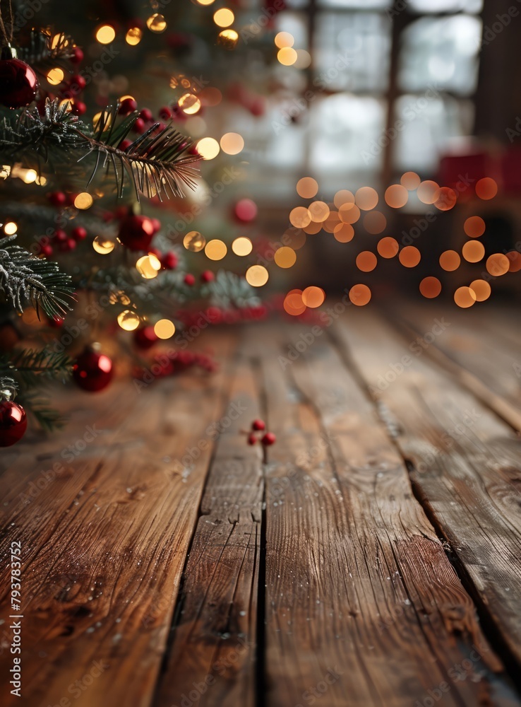Rustic Christmas background with a wooden table and a decorated Christmas tree in the background