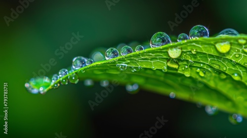 Close-up of raindrops collecting on the edge of a vibrant green leaf, ready to fall