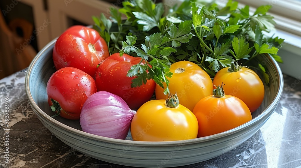 b'A bowl of tomatoes, onion and parsley' b'A bowl of tomatoes, onion and parsley'
