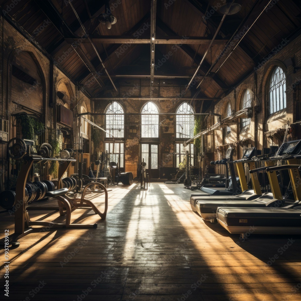 b'An abandoned weight room with a wooden floor and large windows'