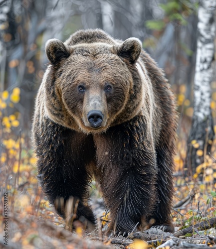 Large male grizzly bear walking through the woods