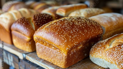 Loaf of bread with sesame seeds on a wooden table