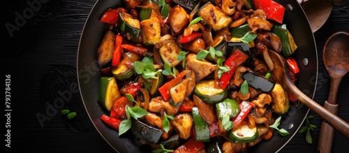 Cooking veggies in a pan with wooden spoon