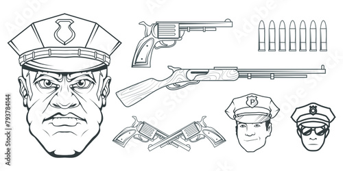 Hand drawn police man. Professional Police Protection concept. Rescuer. Police character head in uniform. Vector artwork