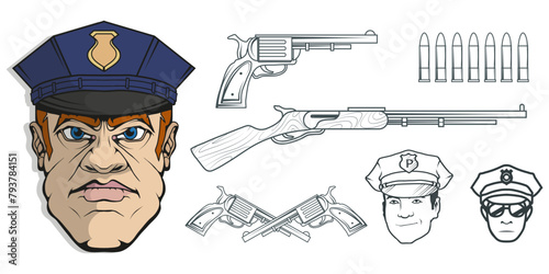 Hand drawn police man. Professional Police Protection concept. Rescuer. Police character head in uniform. Vector artwork