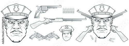 Hand drawn police man. Professional Police Protection concept. Rescuer. Police character head in uniform. Vector artwork