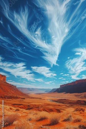 Arid Desert Canyon Landscape with Blue Sky and White Clouds