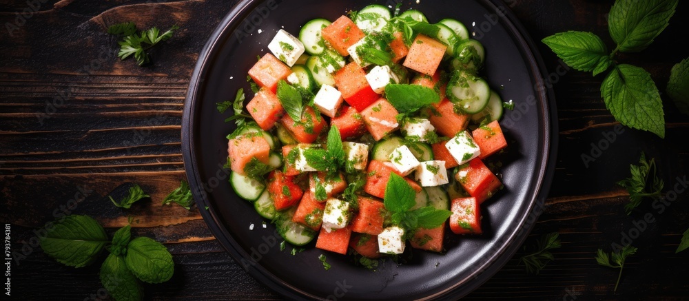 Plate of watermelon, cucumber, feta salad with mint leaves