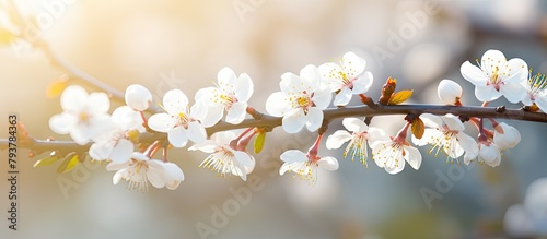 Branch of tree with white blossoms under sunlight © Ilgun