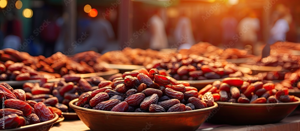 Bowls filled with dates on a table amid a crowd