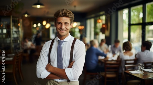 b portrait of a young male waiter in a restaurant 