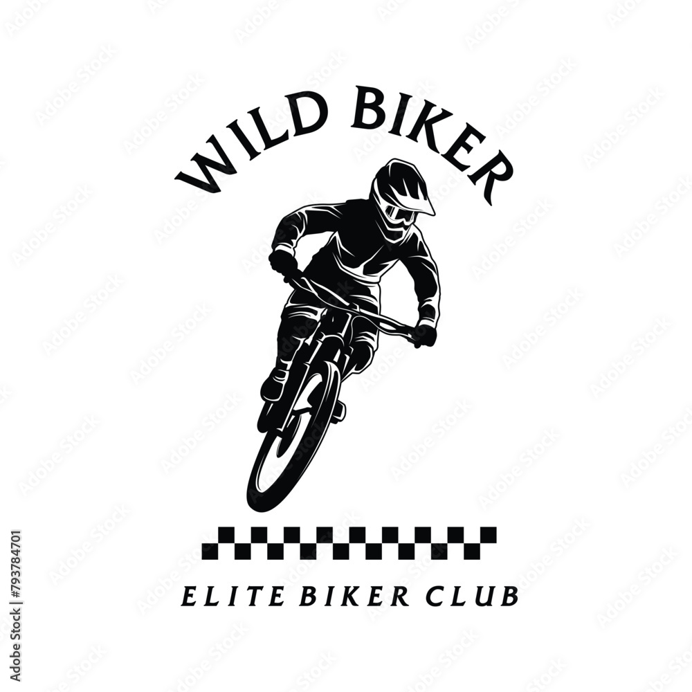 Naklejka premium Mountain bike Silhouette logo. extreme biker downhill vintage logo illustration vector