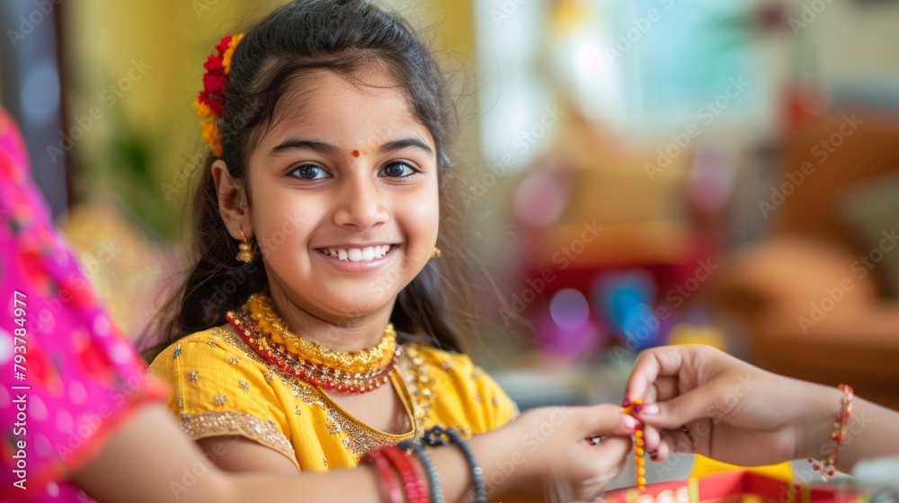 A young girl is wearing a yellow dress and a gold necklace A young girl is wearing a yellow dress and a gold necklace
