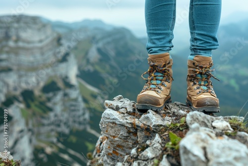 Close up of a person's feet in hiking boots standing on a rock with a mountainous background © duyina1990