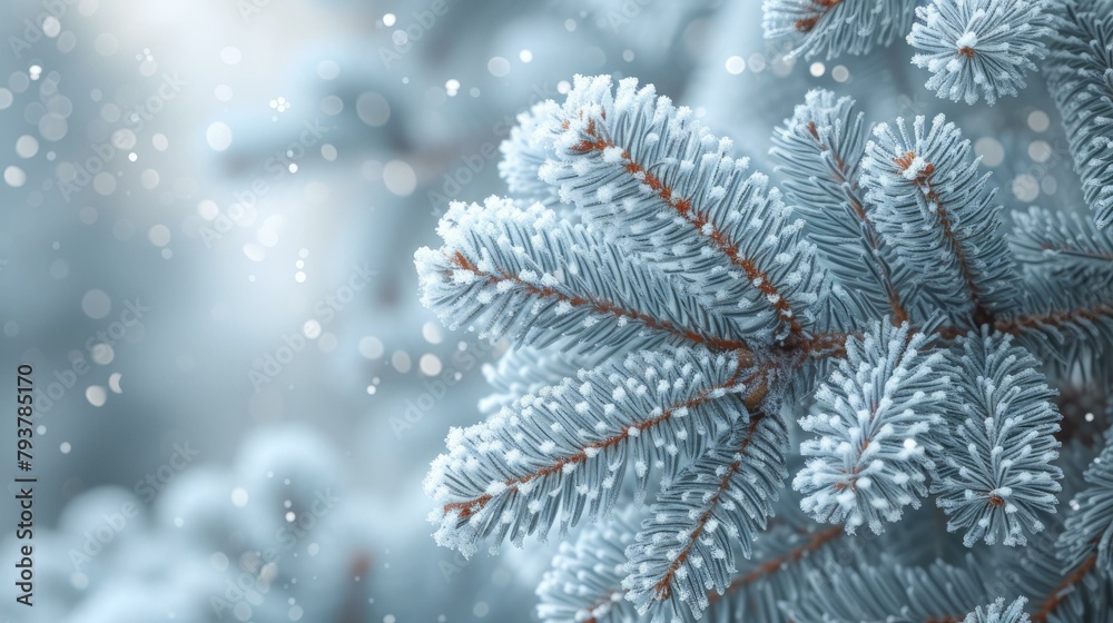 b'Close-up of snow-covered fir tree branches against blurred background'