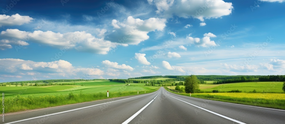 Rural road under vast blue sky with lush green field Rural road under vast blue sky with lush green field