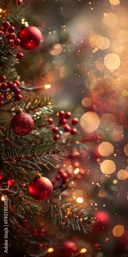 Christmas tree with red ornaments and twinkling lights