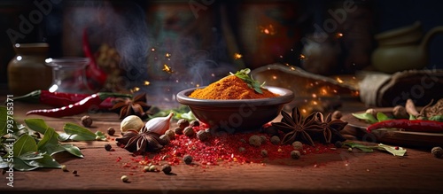 Variety of flavorful spices displayed on a wooden table