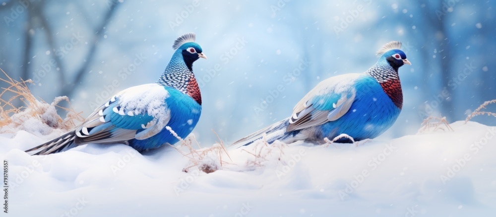 Fototapeta premium Two birds in snow together