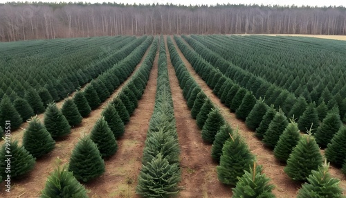 Create an image of a christmas tree farm with row