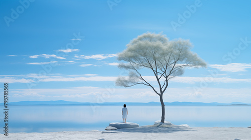 Human solhouette standing on a small island. Blue sky woth clounds and clear water. Minimalism. Generated with AI photo