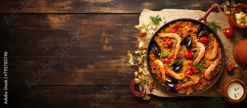 Delicious seafood and rice dish with mussels and tomatoes