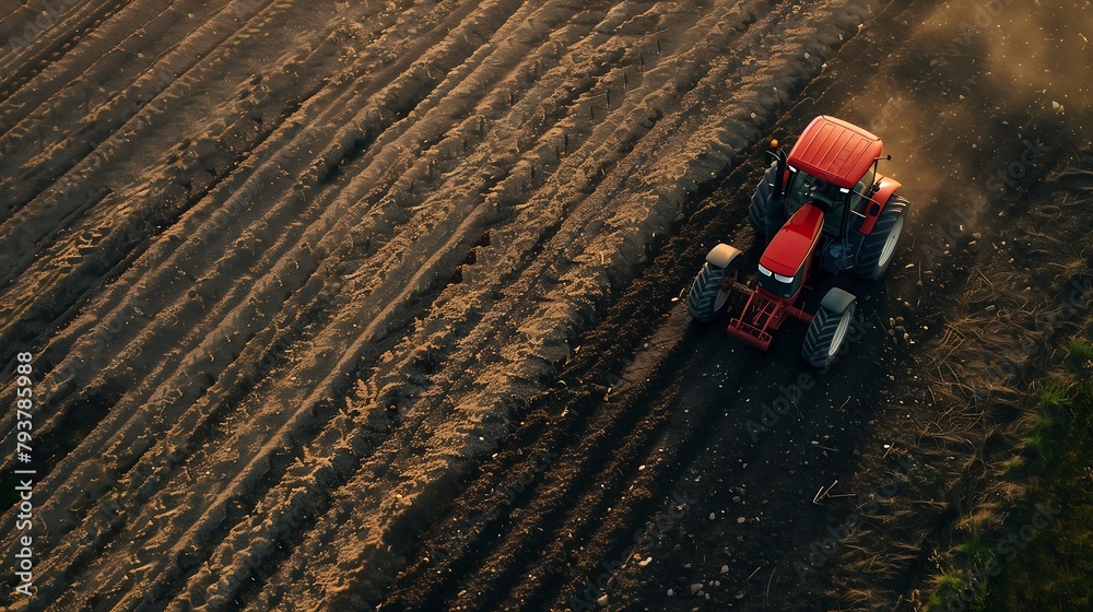 A tractor is plowing soil in the fields