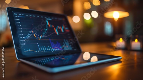 Digital tablet showing a line graph of stock market performance over time, reflecting market trends and fluctuations.