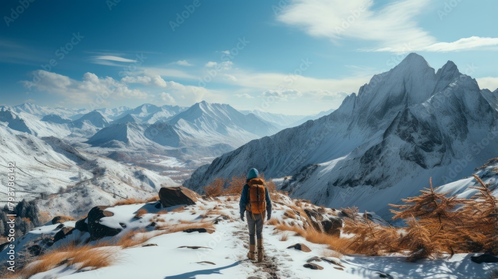 b'A lone backpacker hiking in the snow-capped mountains' - obrazy, fototapety, plakaty 