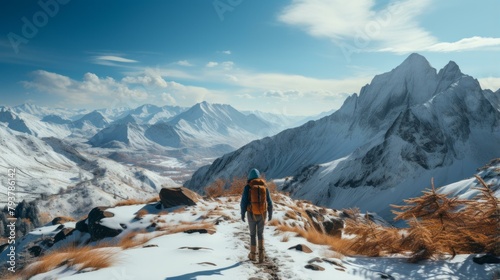 b'A lone backpacker hiking in the snow-capped mountains'