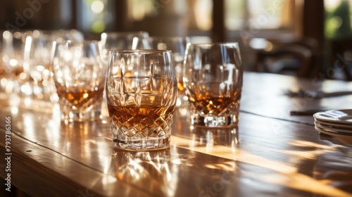 b'Close-up of a flight of whiskey glasses on a wooden table with a blurred background'