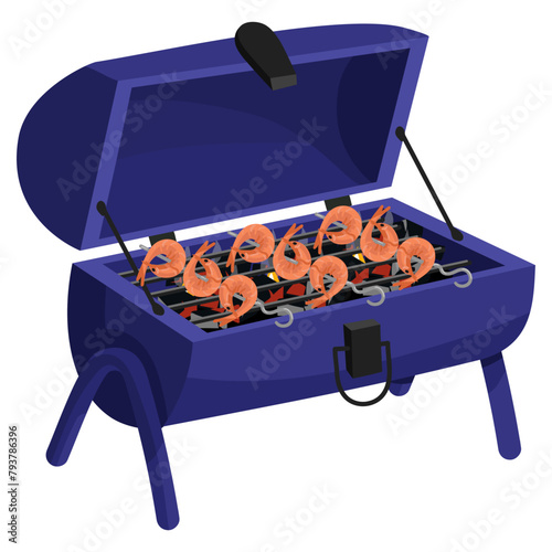 An iron open grill with burning coals and fresh shrimp on a skewer, creating an atmosphere of cooking. Perfect for barbecue-themed invitations. An insulated object on legs with an open top. Black coal